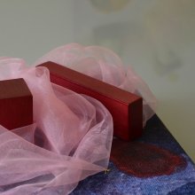 Duurzame Dromen in Rood
inkt op katoen, hout, voile   
20 x 20 x 10 cm     
2024